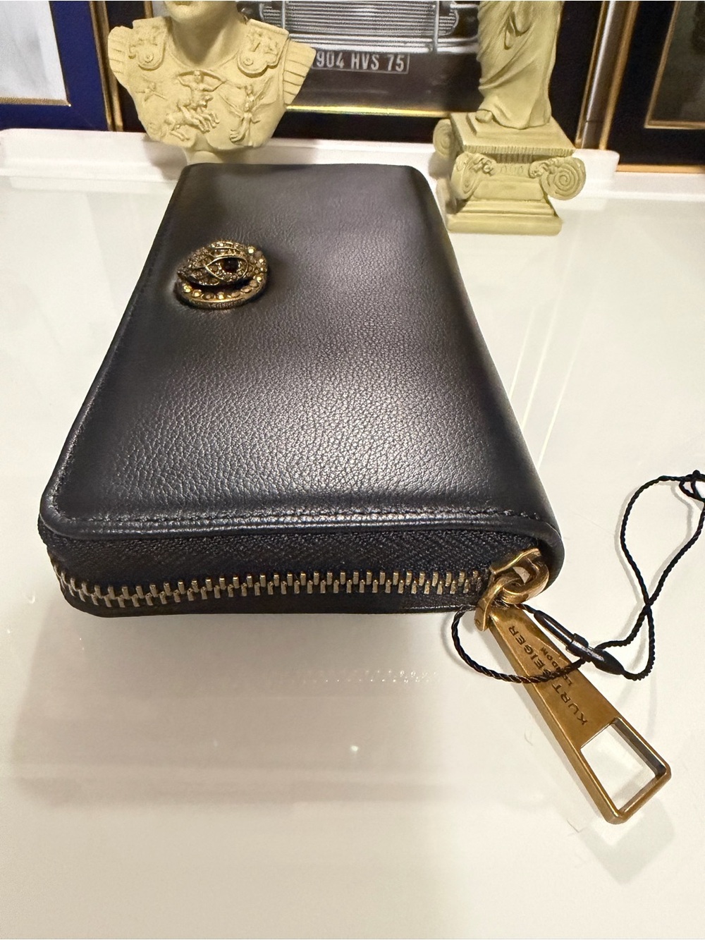 NWT Kurt Geiger Black Leather Zip-Around Wallet with Gold Emblem - Picture 6 of 9